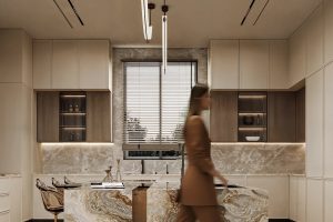 被这个现代轻奢厨房美到！大理石 + 极简线条，下厨都像在走秀